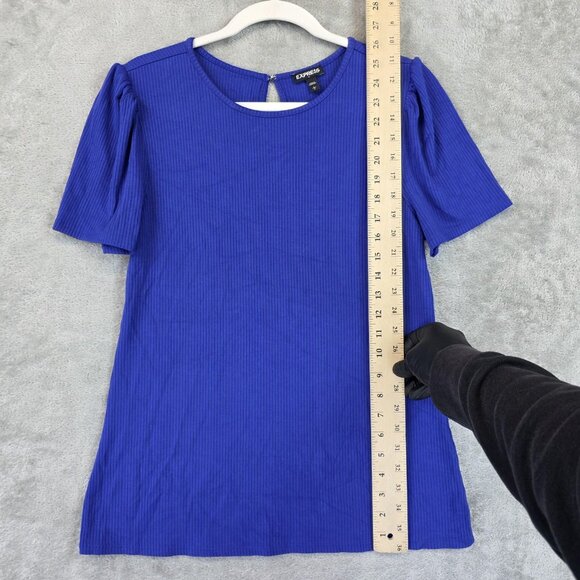 Express Shirt Womens Large Blue Ribbed Short Sleeve Puff Shoulder Stretch Rayon - Picture 3 of 11